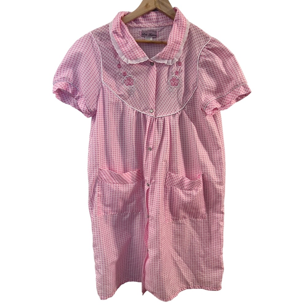 Lati Fashion House Dress‎ Women Large Pink Gingham Floral Snap Muumuu Excellent